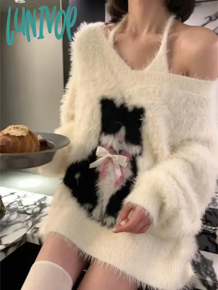 Lunivop 2024 Autumn Two Pieces Set Women Grunge Knitted Cartoon Cat Bow Pullover + Sleeveless