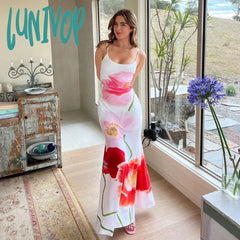 Lunivop 2024 Floral Prom Long Dress For Women Beach Holiday Backless Boho Elegant Coquette Dresses