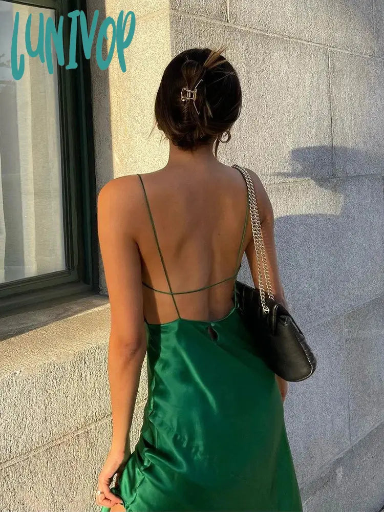 Lunivop 2024 Midi Green Satin Backless Dresses Women Sleeveless Off Shoulder Club Sexy Bodycon