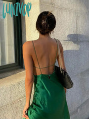 Lunivop 2024 Midi Green Satin Backless Dresses Women Sleeveless Off Shoulder Club Sexy Bodycon