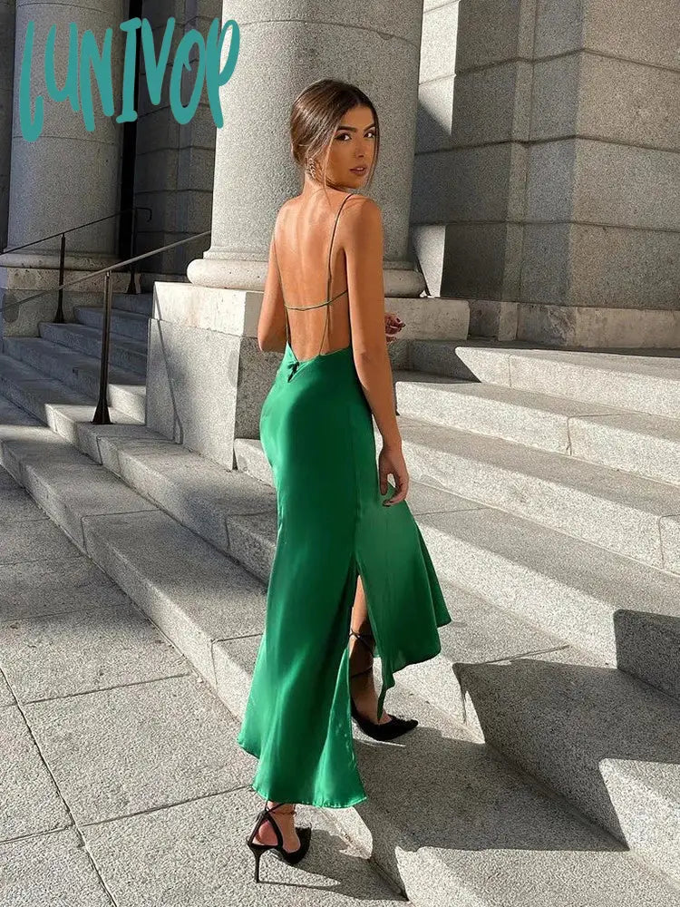 Lunivop 2024 Midi Green Satin Backless Dresses Women Sleeveless Off Shoulder Club Sexy Bodycon