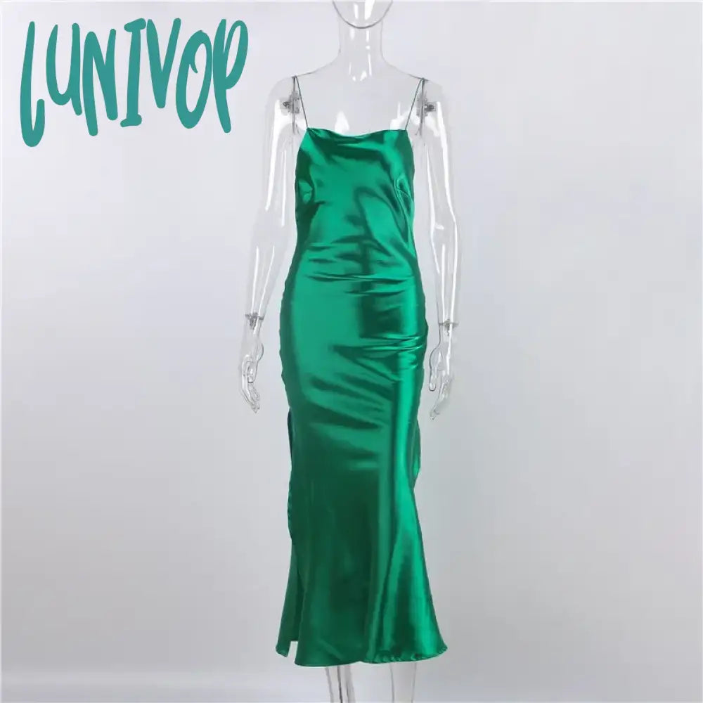 Lunivop 2024 Midi Green Satin Backless Dresses Women Sleeveless Off Shoulder Club Sexy Bodycon