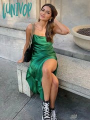 Lunivop 2024 Midi Green Satin Backless Dresses Women Sleeveless Off Shoulder Club Sexy Bodycon
