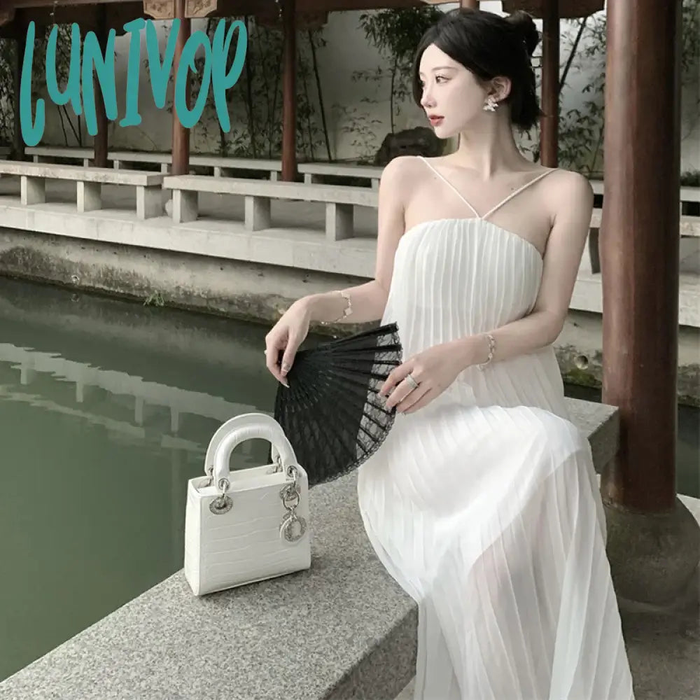 Lunivop 2024 New Sexy Women Backless Sundress Summer French Elegant Halter White Dresses Fairy