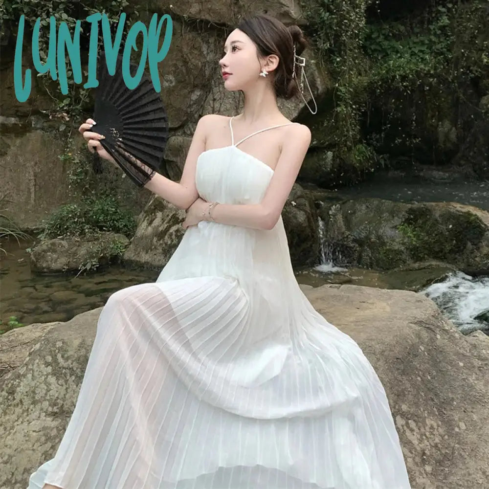 Lunivop 2024 New Sexy Women Backless Sundress Summer French Elegant Halter White Dresses Fairy