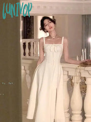 Lunivop 2024 New White Vintage Split Slip Dress Sleeveless A-Line Elegant Bohemian Sexy Fishbone