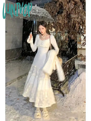 Lunivop 2024 Spring Elegant Knitted Dress Women Lace Patchwork Koeran Princess Midi Female Casual