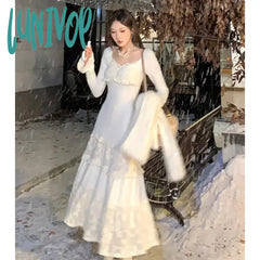 Lunivop 2024 Spring Elegant Knitted Dress Women Lace Patchwork Koeran Princess Midi Female Casual