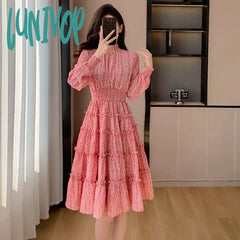 Lunivop 2024 Spring New Wood Ear Lace Collar Nail Flare Sleeve Diamond Fold Waist Cake Dress