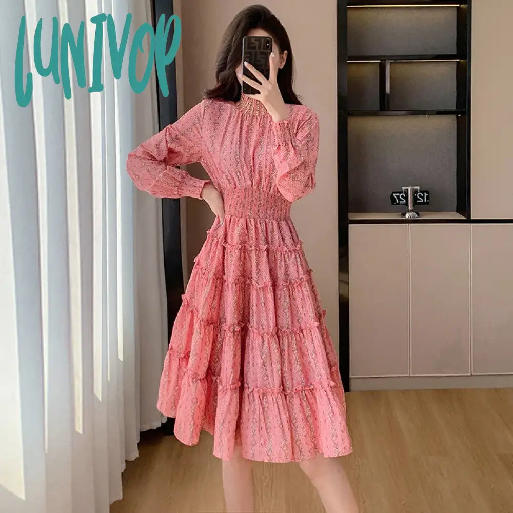 Lunivop 2024 Spring New Wood Ear Lace Collar Nail Flare Sleeve Diamond Fold Waist Cake Dress