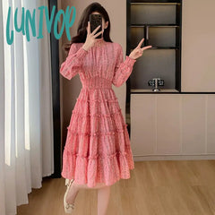 Lunivop 2024 Spring New Wood Ear Lace Collar Nail Flare Sleeve Diamond Fold Waist Cake Dress