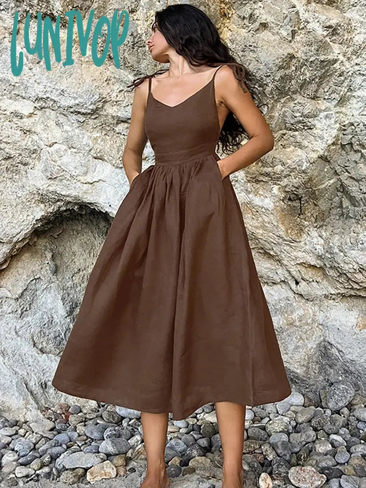 Lunivop 2024 Spring Summer Women Holiday Dress Solid Backless V-Neck A-Line Flare Midi Spaghetti For