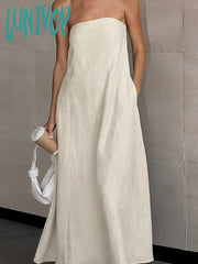 Lunivop 2024 Spring Summer Women Linen Dress Sexy Solid Strapless A-Line Midi Flare Holiday