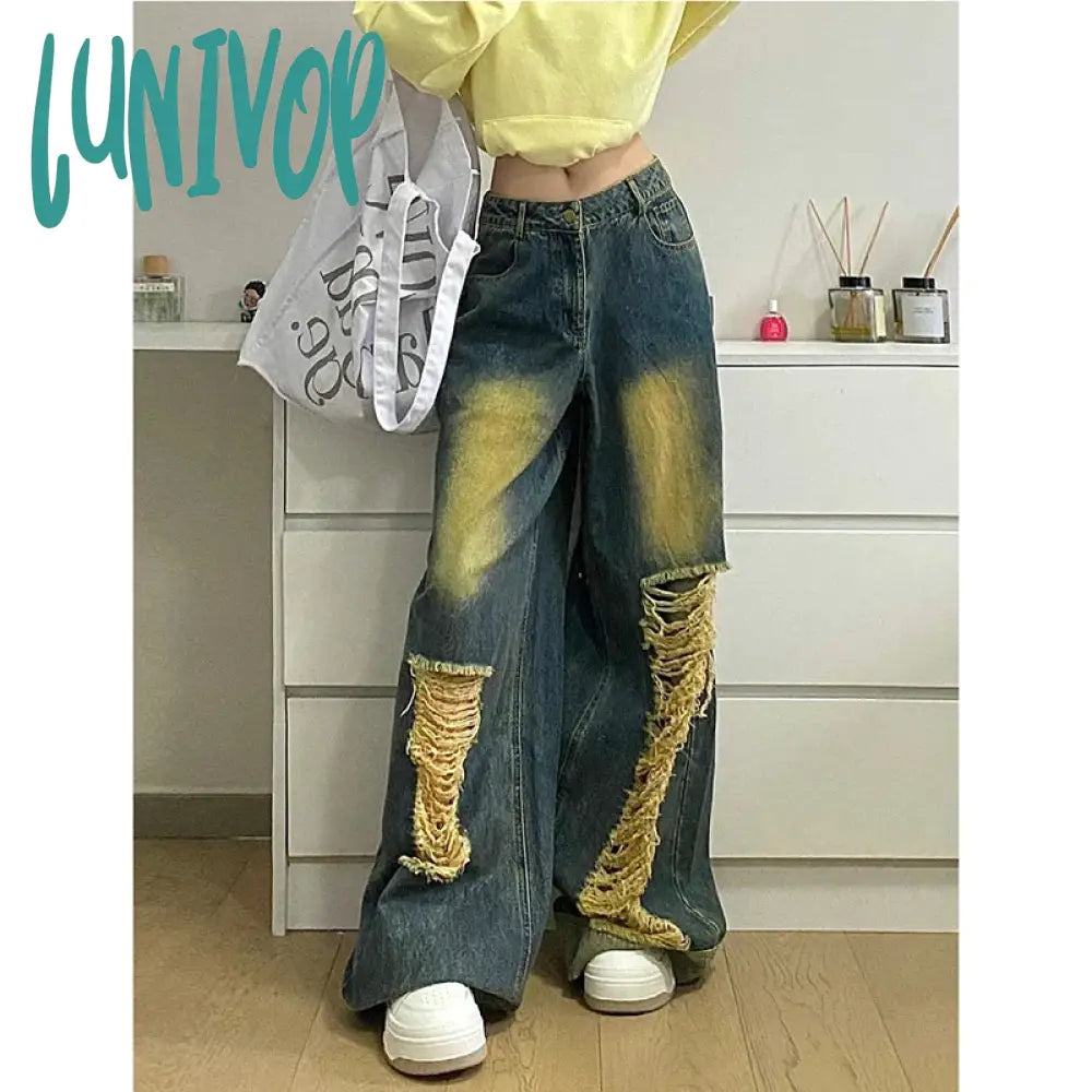 Lunivop 2024 Spring Vintage Harajuku Y2K Jeans Loose Hollow Out Blue Pants Women’s Wide Leg High