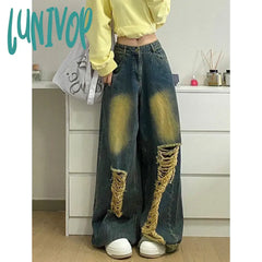 Lunivop 2024 Spring Vintage Harajuku Y2K Jeans Loose Hollow Out Blue Pants Women’s Wide Leg High