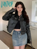 Lunivop 2024 Streetwear Solid Women Pu Jackets Y2K Aesthetic Simple Multi-Zipper Cropped Coats