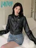 Lunivop 2024 Streetwear Solid Women Pu Jackets Y2K Aesthetic Simple Multi-Zipper Cropped Coats
