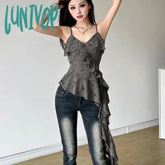 Lunivop 2024 Summer New Hole Camisole Dresses Y2K Sexy Deep V Irregular Slim Fit Tank Top Vintage