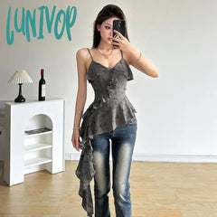 Lunivop 2024 Summer New Hole Camisole Dresses Y2K Sexy Deep V Irregular Slim Fit Tank Top Vintage