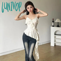 Lunivop 2024 Summer New Hole Camisole Dresses Y2K Sexy Deep V Irregular Slim Fit Tank Top Vintage