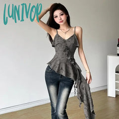 Lunivop 2024 Summer New Hole Camisole Dresses Y2K Sexy Deep V Irregular Slim Fit Tank Top Vintage