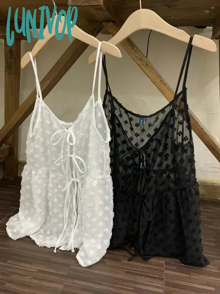 Lunivop 2024 Summer New Mesh Lace Up Camisole Mujer Sexy Loose Straight Vest For Women Y2K