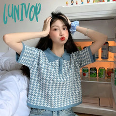 Lunivop 2024 Summer Vintage T Shirts Women’s Knitted Short Sleeve Thin Tshirt Crop Tops Casual