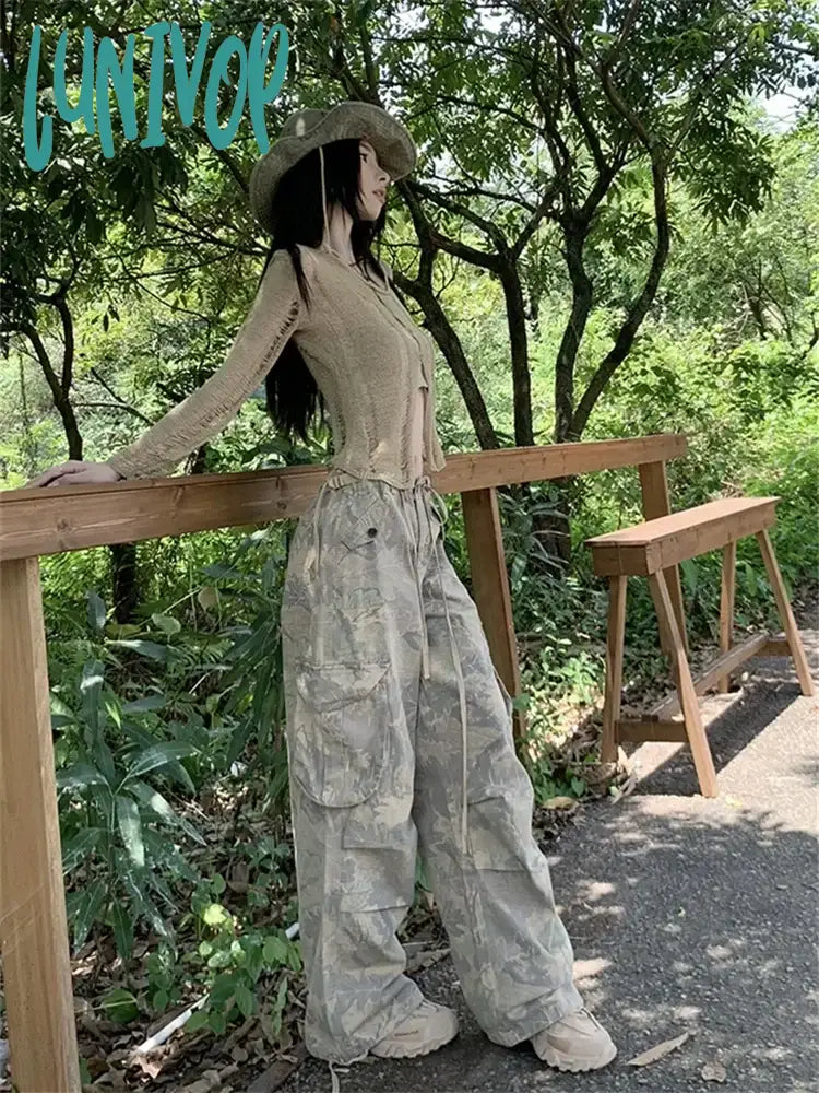 Lunivop 2024 Woman Y2K Camo Cargo Pants Streetwear Grunge Vintage Wide Leg Trousers Oversized