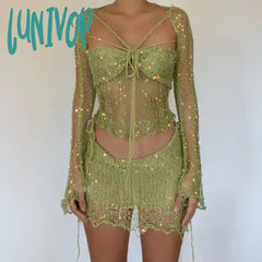 Lunivop 2024 Women Crochet Knitted Dress 2 Piece Sequin Skirt Sets Summer Sexy Elegant Mini Y2K