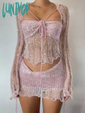 Lunivop 2024 Women Crochet Knitted Dress 2 Piece Sequin Skirt Sets Summer Sexy Elegant Mini Y2K