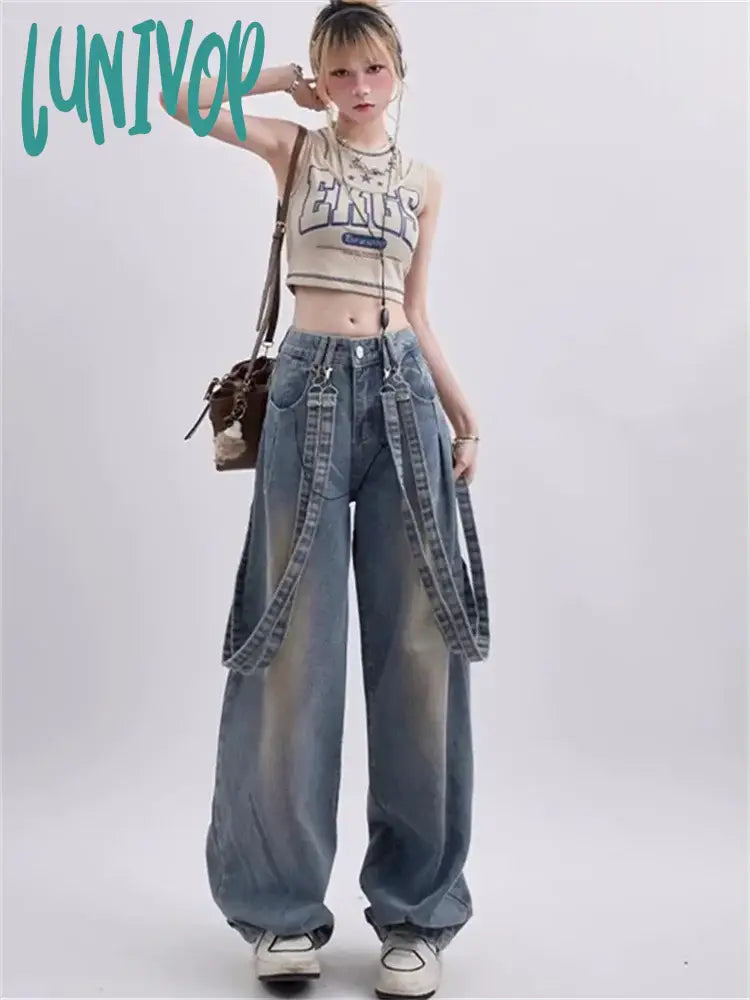 Lunivop 2024 Women Y2K 90S Vintage Blue Jeans Korean Fashion Retro Wide Leg Jumpsuit Oversized