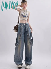 Lunivop 2024 Women Y2K 90S Vintage Blue Jeans Korean Fashion Retro Wide Leg Jumpsuit Oversized
