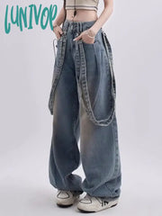 Lunivop 2024 Women Y2K 90S Vintage Blue Jeans Korean Fashion Retro Wide Leg Jumpsuit Oversized