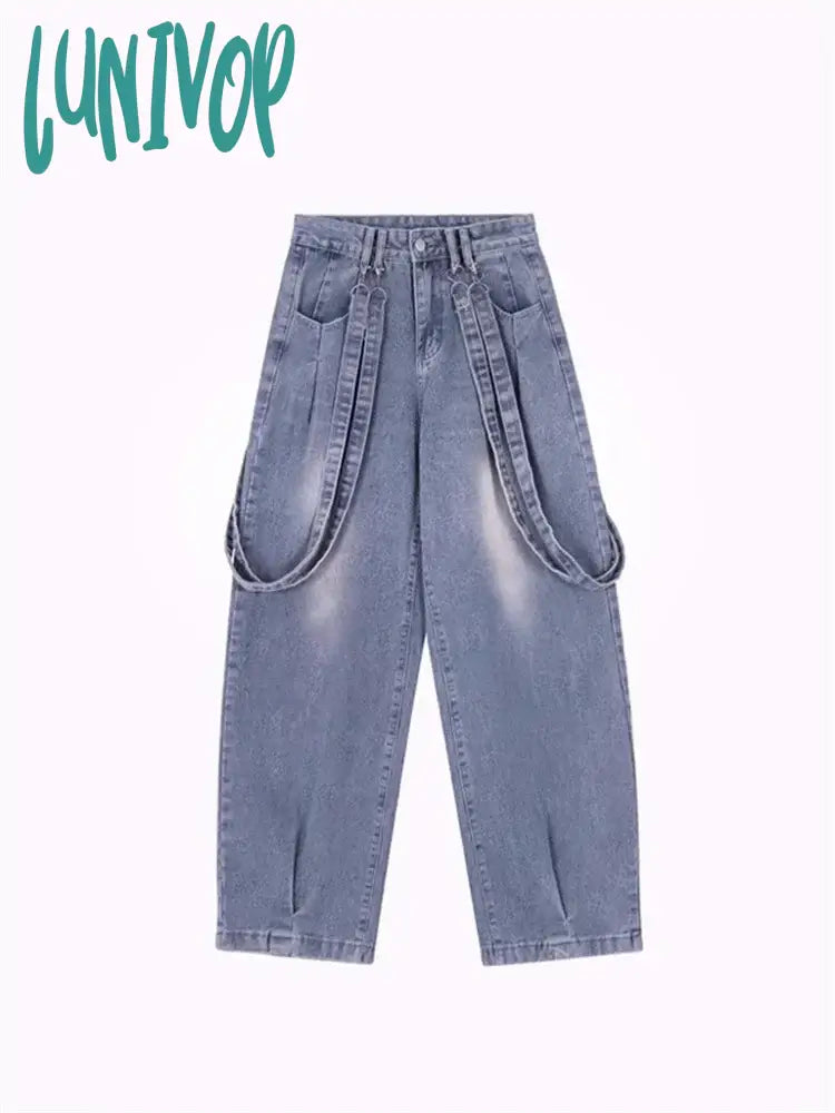 Lunivop 2024 Women Y2K 90S Vintage Blue Jeans Korean Fashion Retro Wide Leg Jumpsuit Oversized