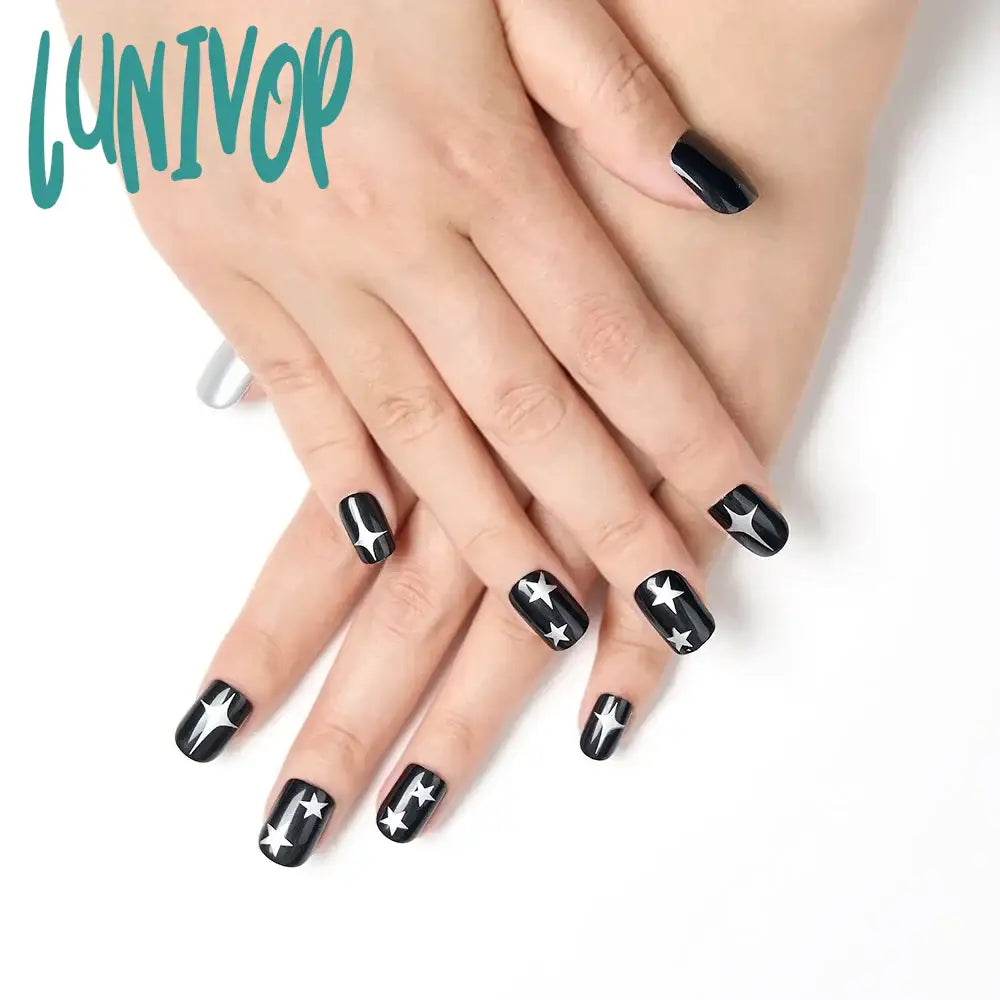 Lunivop 24Pcs/Box Fake Y2K Nails Press On Short Square Shape Wearable False With Stars Designs Full