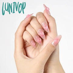 Lunivop 24Pcs Glossy Medium Almond Fake Nails Pink Press On With 3D Ripple And Crystal Heart Design