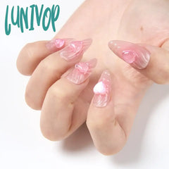 Lunivop 24Pcs Glossy Medium Almond Fake Nails Pink Press On With 3D Ripple And Crystal Heart Design