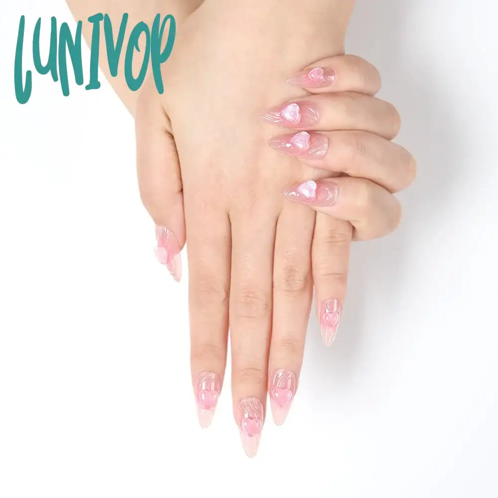 Lunivop 24Pcs Glossy Medium Almond Fake Nails Pink Press On With 3D Ripple And Crystal Heart Design