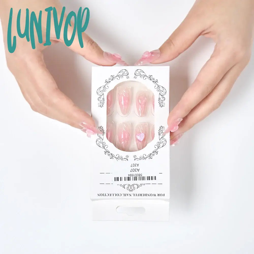 Lunivop 24Pcs Glossy Medium Almond Fake Nails Pink Press On With 3D Ripple And Crystal Heart Design