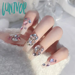 Lunivop 24Pcs Handmade Fairy Press On Nails Korean Pink Medium-Length Reusable Adhesive False 3D