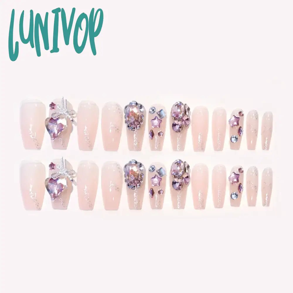 Lunivop 24Pcs Handmade Fairy Press On Nails Korean Pink Medium-Length Reusable Adhesive False 3D