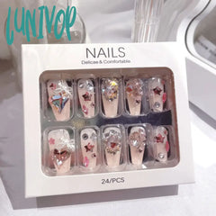 Lunivop 24Pcs Handmade Fairy Press On Nails Korean Pink Medium-Length Reusable Adhesive False 3D