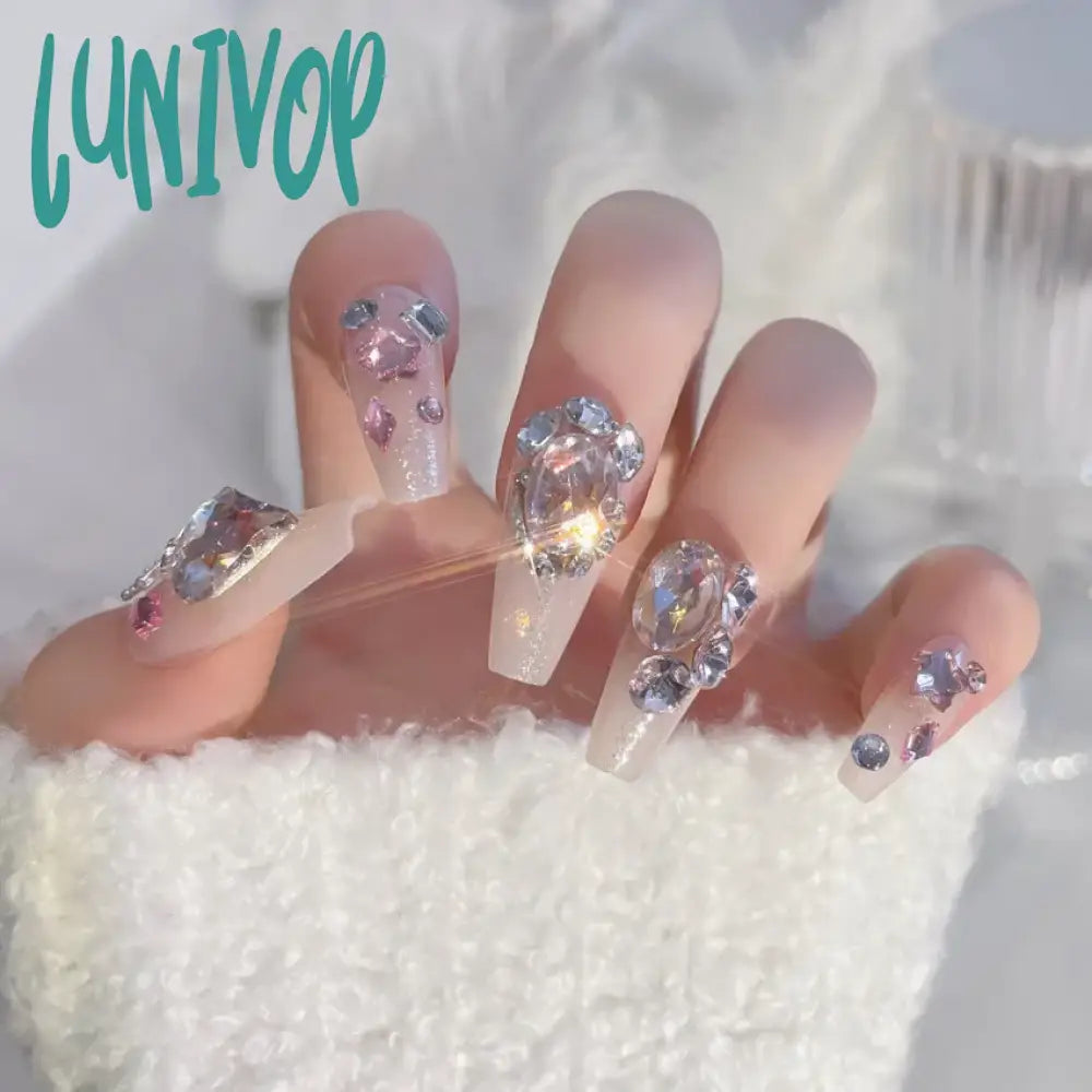 Lunivop 24Pcs Handmade Fairy Press On Nails Korean Pink Medium-Length Reusable Adhesive False 3D