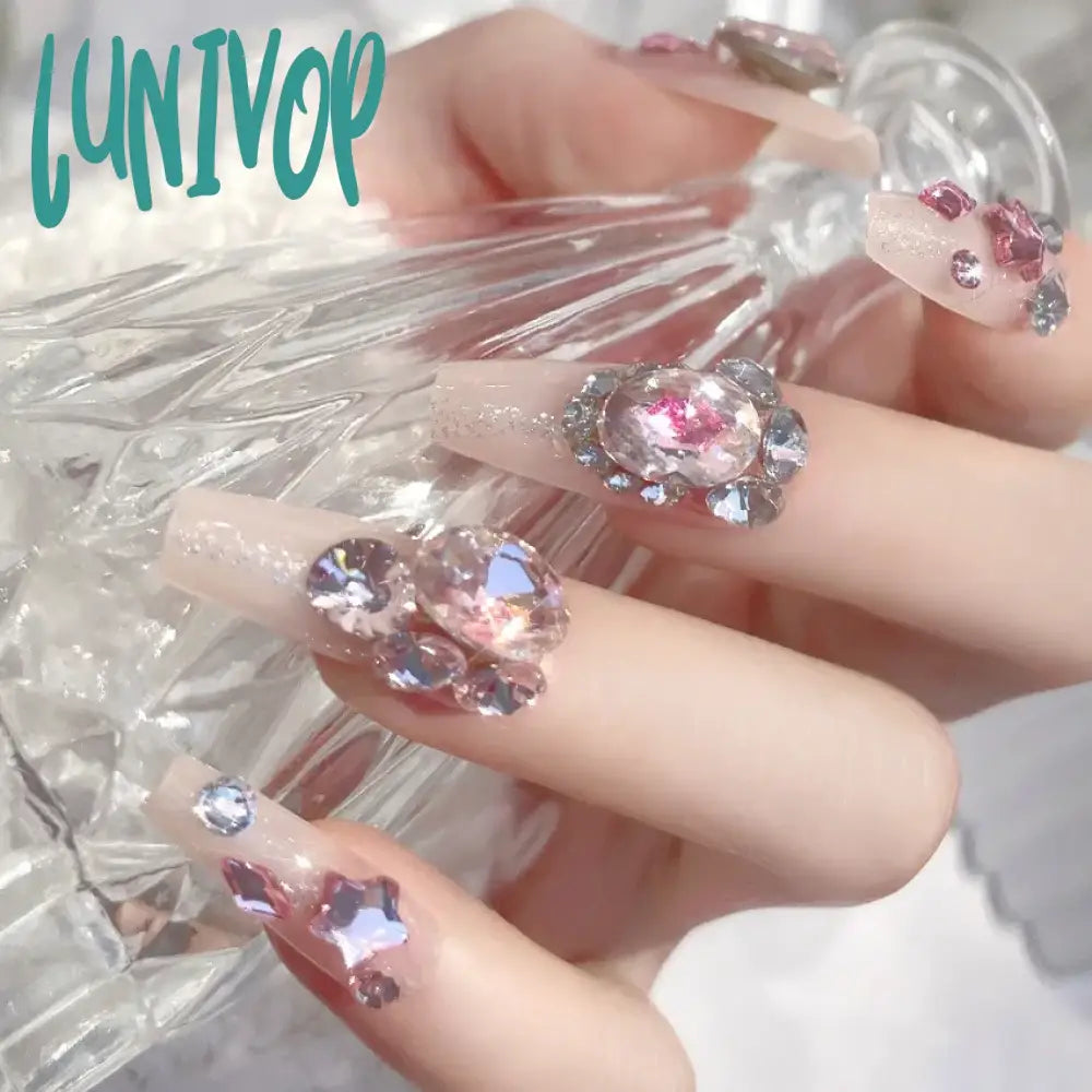 Lunivop 24Pcs Handmade Fairy Press On Nails Korean Pink Medium-Length Reusable Adhesive False 3D