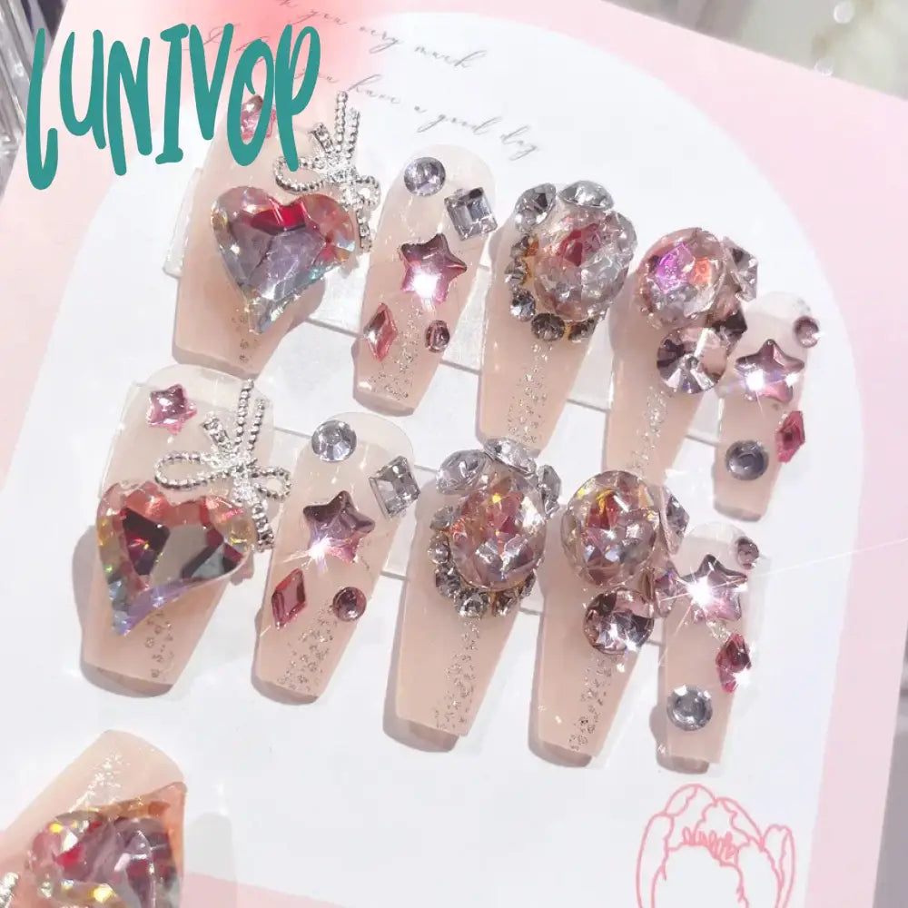 Lunivop 24Pcs Handmade Fairy Press On Nails Korean Pink Medium-Length Reusable Adhesive False 3D