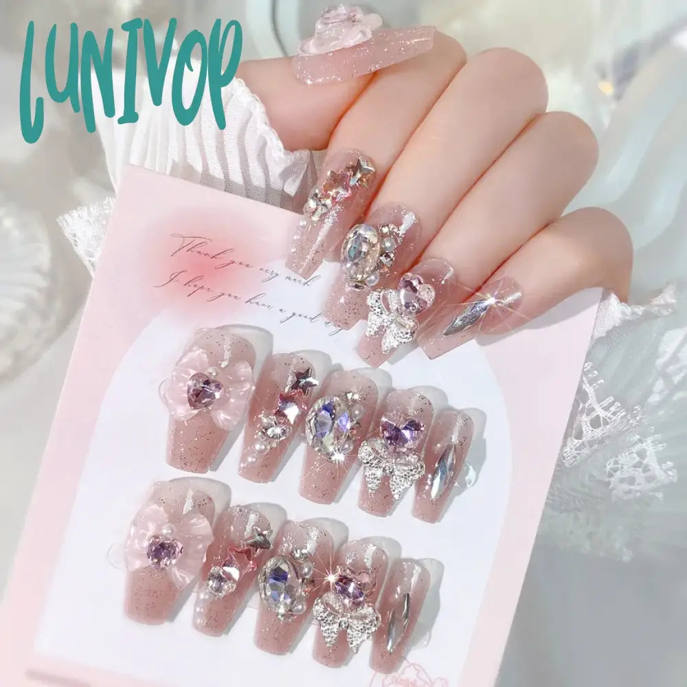 Lunivop 24Pcs Long Fake Nails 3D Bow Knot Star Rhinestone Design Pink Color Press On Ballerina