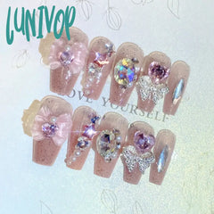 Lunivop 24Pcs Long Fake Nails 3D Bow Knot Star Rhinestone Design Pink Color Press On Ballerina