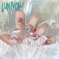 Lunivop 24Pcs Long Fake Nails 3D Bow Knot Star Rhinestone Design Pink Color Press On Ballerina