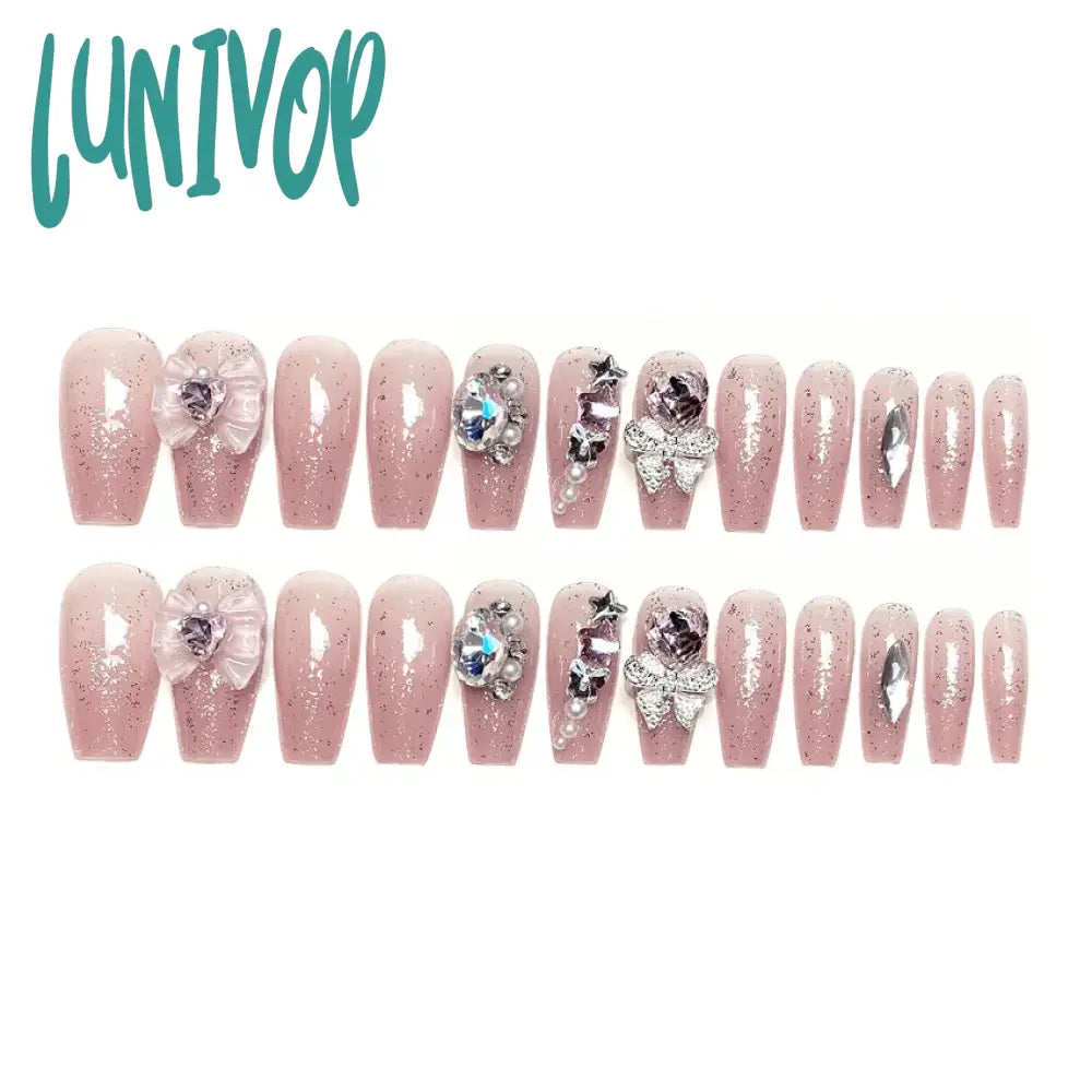 Lunivop 24Pcs Long Fake Nails 3D Bow Knot Star Rhinestone Design Pink Color Press On Ballerina