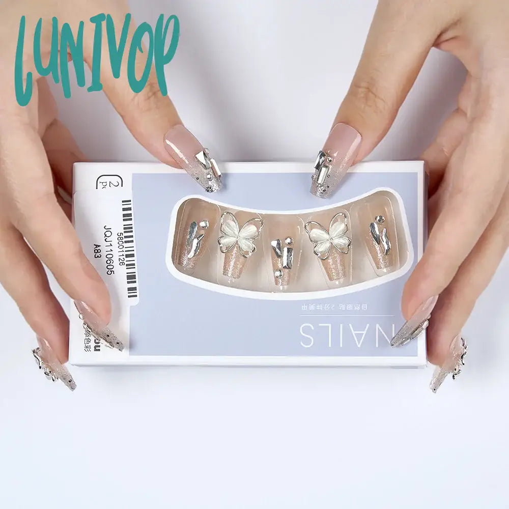 Lunivop 24Pcs Press On Nails Butterfly 3D Rhinestones Coffin Fake With Design Glossy Ballerina